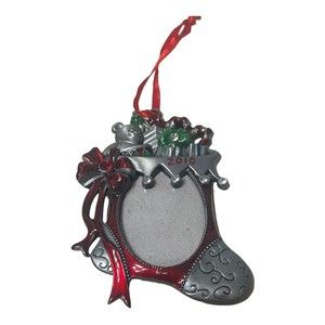 Metal 3X3.5" Stocking with Toys and Bow￼ Ornament Frame Holds 1.5" Oval Photo